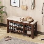 Shoe Bench for Entryway, Solid Rubberwood Shoe Bench with Hidden Storage, Adjustable 2-Tier Shelves & Soft PU Leather Seat, Shoe Rack Durable Easy Assembly for Hallway or Bedroom - Beige, 39.4"