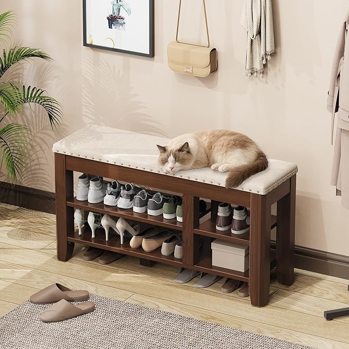 Shoe Bench for Entryway, Solid Rubberwood Shoe Bench with Hidden Storage, Adjustable 2-Tier Shelves & Soft PU Leather Seat, Shoe Rack Durable Easy Assembly for Hallway or Bedroom - Beige, 39.4"
