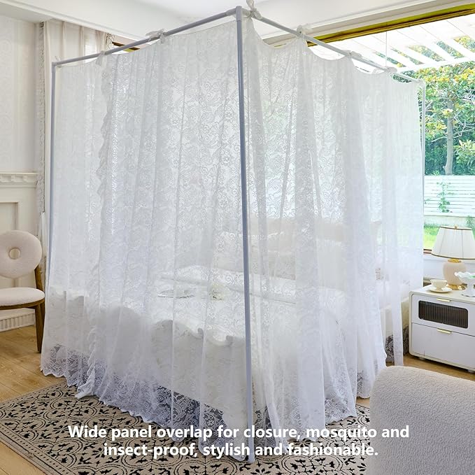 AIKASY Elegant Lace Princess 4-Poster Bed Canopy Mosquito Net - Romantic Wedding Bridal Bedroom Decor, Kids Room Bed Curtain for Women Adults - (White-3,Twin)