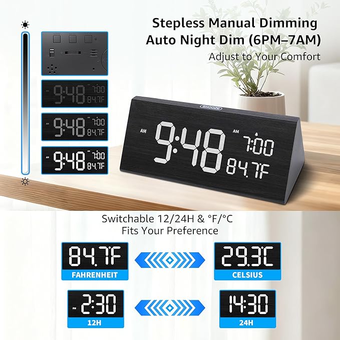 OhM-ega Wooden Digital Alarm Clock, Electric Clocks with Dual USB Port, Large Numbers, Temperature Display, Brightness Dimmer, Sound-Activated Display, Snooze, 12/24H, Black