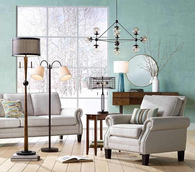 Franklin Iron Works Hunter Modern Mid Century Farmhouse Rustic Floor Lamp 64" Tall Bronze Cherry Wood Perforated Metal Cream Linen Double Drum Shade for Living Room Reading Bedroom Office House