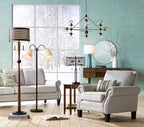 Franklin Iron Works Hunter Modern Mid Century Farmhouse Rustic Floor Lamp 64" Tall Bronze Cherry Wood Perforated Metal Cream Linen Double Drum Shade for Living Room Reading Bedroom Office House