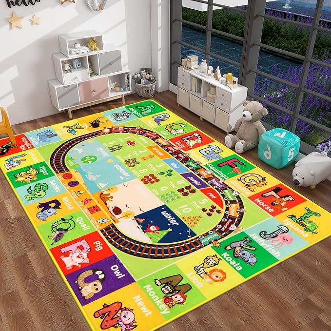 ABC Kids Rug for Playroom - 78.7" 118" Baby Play Mat Alphabet Animal Number Shape Classroom Rug