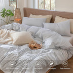 MooMee Striped Duvet Cover Set 100% Washed Cotton Linen Like Textured Breathable Durable Soft Comfy (Cornflower Blue White Classic Stripes, Super King 108"x98")