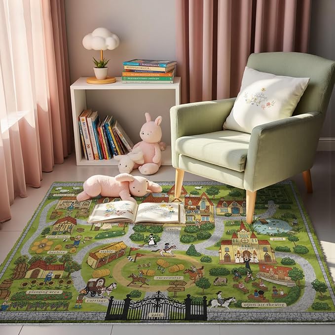 4x6ft Kids Manor Tour Play Rug,Non-Slip Faux Wool Carpet with Interactive English Words, Educational Manor Map Design for Playroom, Bedroom, Nursery Gift