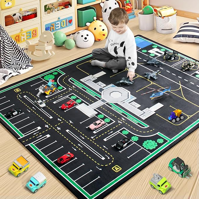 Kids Rug, Road Carpet for Kids with Combined City Road Traffic System,Car Rug and Airport Play Mat,4x6 Ft Children’s Play Rugs for Playroom, Children’s City Traffic Map Fun Car Mat,Non-Slip