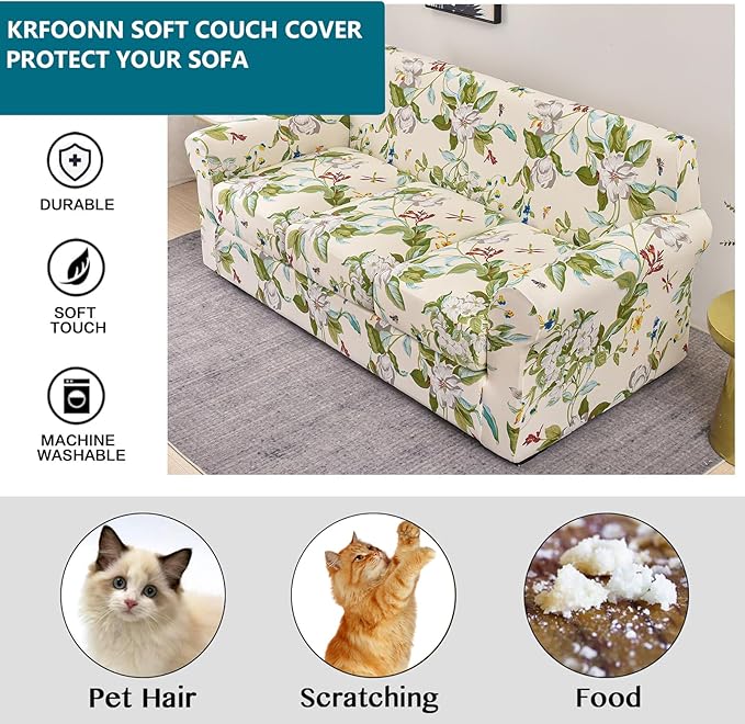 KRFOONN 4 Piece Stretch Sofa Couch Covers for 3 Cushion Couches Printed Sofa Slipcover with 3 Separate Seat Cushion Covers Washable Sofa Slip Covers Furniture Protector for Pets Kids (Large, 28)