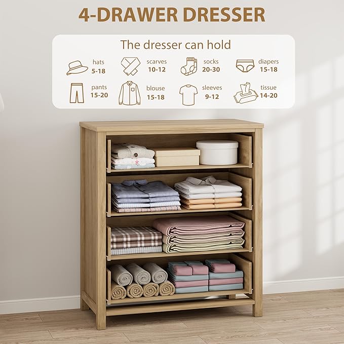 IDEALHOUSE Rattan Dresser for Bedroom, Chest of Dressers 37" Tall Dresser for Closet with 4 Rattan Drawers Chest with Clothes Storage Cabinet, Drawer Organizer for Bedroom, Living Room, Hallway