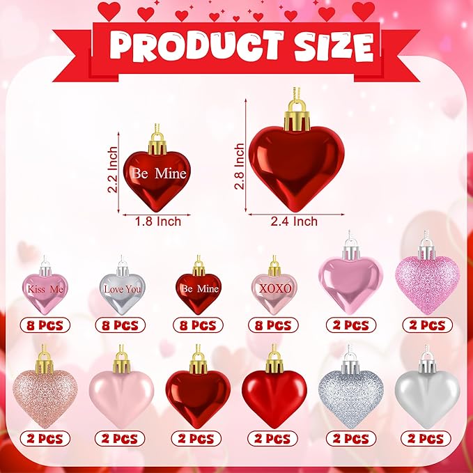 48pcs Valentine Ornaments for Tree, Colorful Heart Shaped Ornaments, Glitter Valentine Tree Decorations, Heart Shaped Hanging Baubles for Valentines Wedding Party Decor