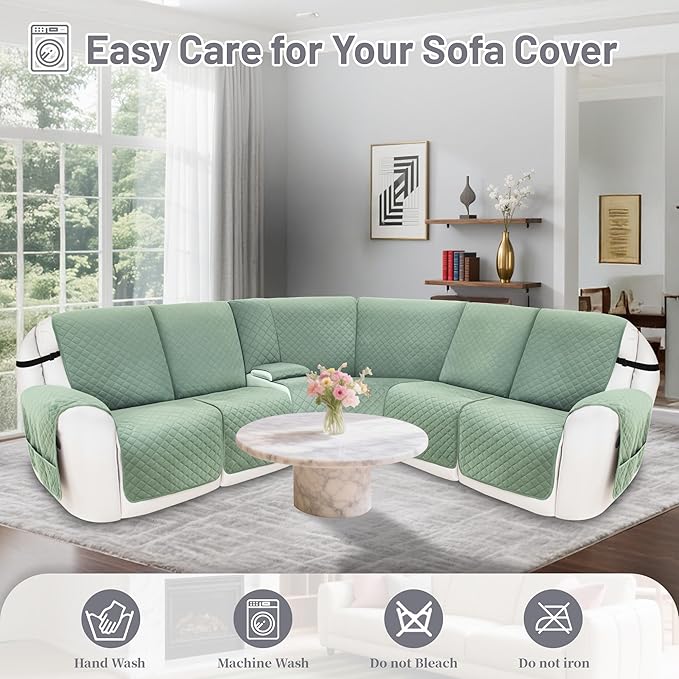 Reclining Sectional Couch Covers 100% Waterproof Velvet L Shape Recliner Couch Covers for Sofa Pets Washable Anti Slip Recliner Slipcovers with Pockets (5 Seat Sofa with 1 Console, Sage Green)