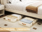Vailando Under Bed Storage Containers, 6 Inches Tall 60L Underbed Storage Bins with Leather Handles and Sidewalls, Closet Organizer for Clothes, Blankets, Seasonal Items, Beige with Brown, 2-Pack