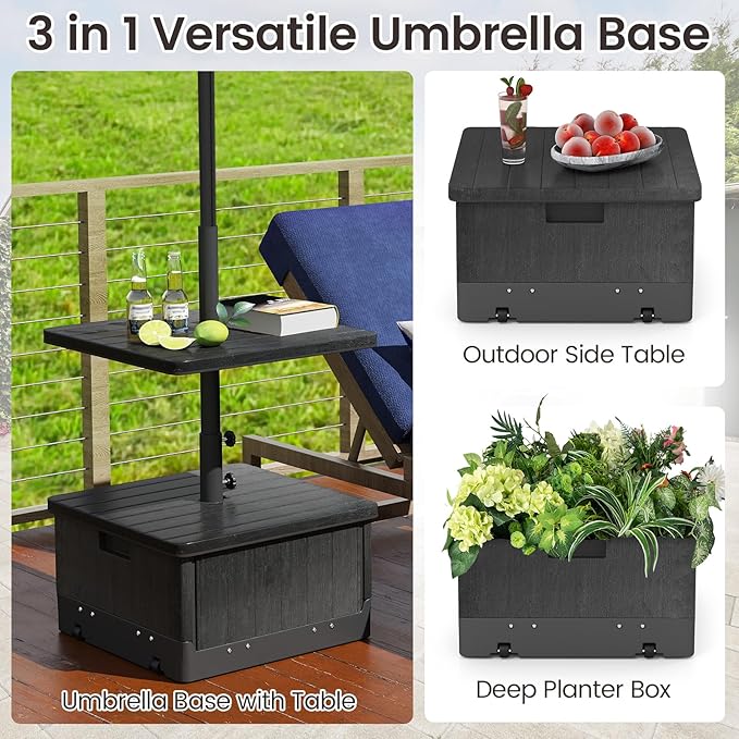 Tangkula 3-in-1 Patio Umbrella Base, 175 LBS Moveable Umbrella Stand w/Table Tray & Weighted Bag, Side Handles, HDPE Frame, 2 Pole Adapters, Garden Coffee Table Planter Box (Black)