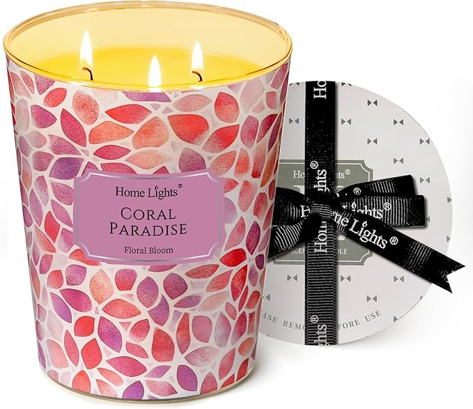 HomeLights Scented Candles | Large Jar 34 Oz Natural Soy Candle | 130 hrs Long-Lasting with 3 Wicks | Bohemian Natural for Home Decor | Gifts for Mom & Women, Coral Paradise