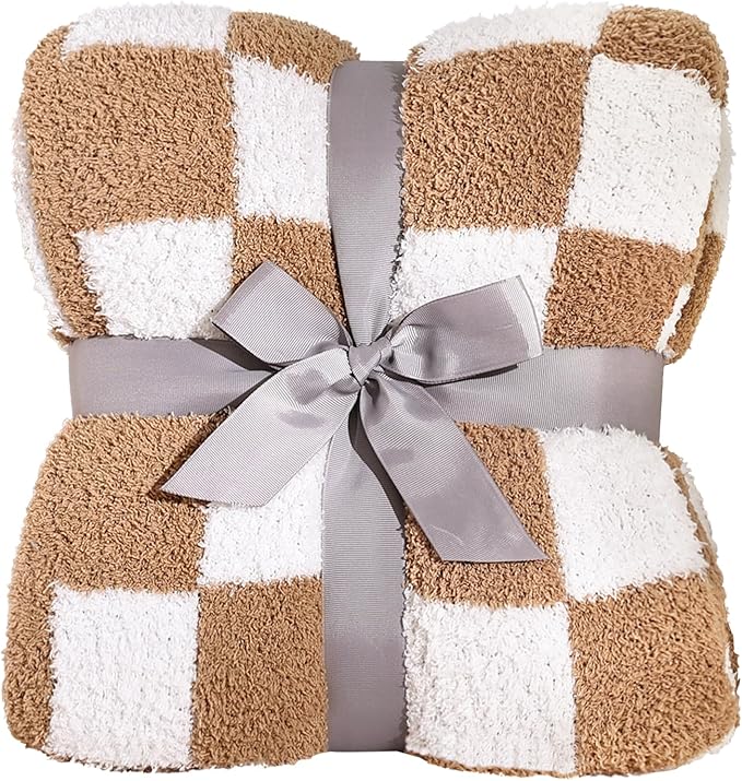 Panku Checkered Blanket, Ultra Soft Checkered Throw Blanket, Warm Fluffy Checkerboard Blanket for Couch and Sofa (50x60 Inches, Camel)