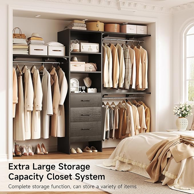 Flrrtenv 8FT Closet System, 96'' Closet Organizer System with 3 Hanging Rods, Wall Mount Bedroom Wardrobe with 3 Drawers Walk-in Closet, Adjustable Cloth Garment Rack from 5 to 8FT (Cut to Fit), Black