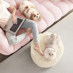 Hansleep Round Pouf Ottoman Foot Rest, 17 x 14 Small Faux Fur Stuffed Pouf for Chair, Foam Filled Foot Stools Ottomans for Living Room, Beige