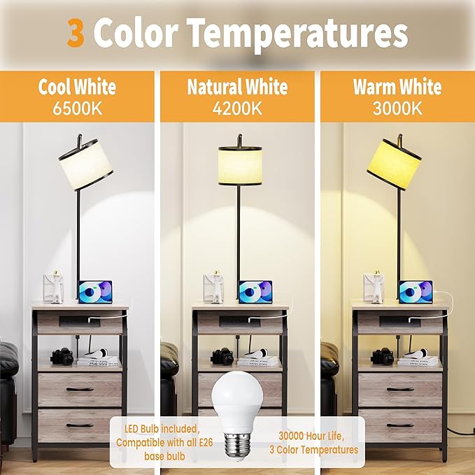 End Table with Floor Lamp, Nightstand with Charging Station, Floor Lamp Table with 3-Color Temperature Bulb, Bedside Table Night Stand with 2 Drawers for Bedroom, Living Room, Greige