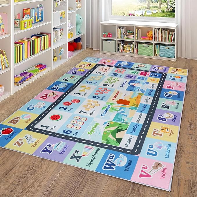 Kids ABC Rug for Playroom, Classroom Alphabet Area Carpet Playmat,Washable Toddler Mat for Baby Room,Play Room,Bedroom,Floor,Nursery (Blue,6'x9')