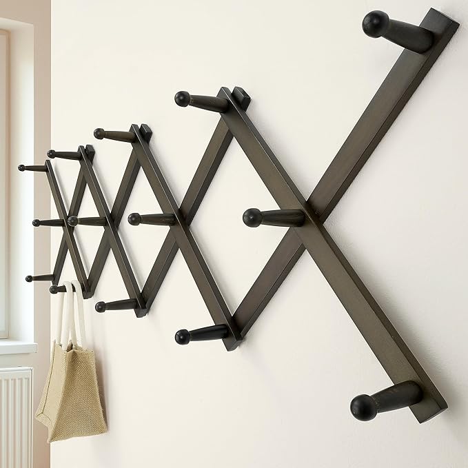 Dseap Accordion Wall Hanger:16'' High Wooden Expandable Coat Rack, Hat Rack for Wall,Accordion Hook for Baseball Caps,Coats,14 Peg Hooks,Dark Walnut