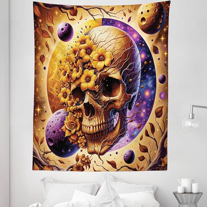 Ambesonne Trippy Tapestry Twin Size, Neo Traditional Floral Ornate Skull with Earthy Leaves Space Scenario, Wall Hanging Bedspread Bed Cover Wall Decor, 68" X 88", Apricot Blue Violet Taupe