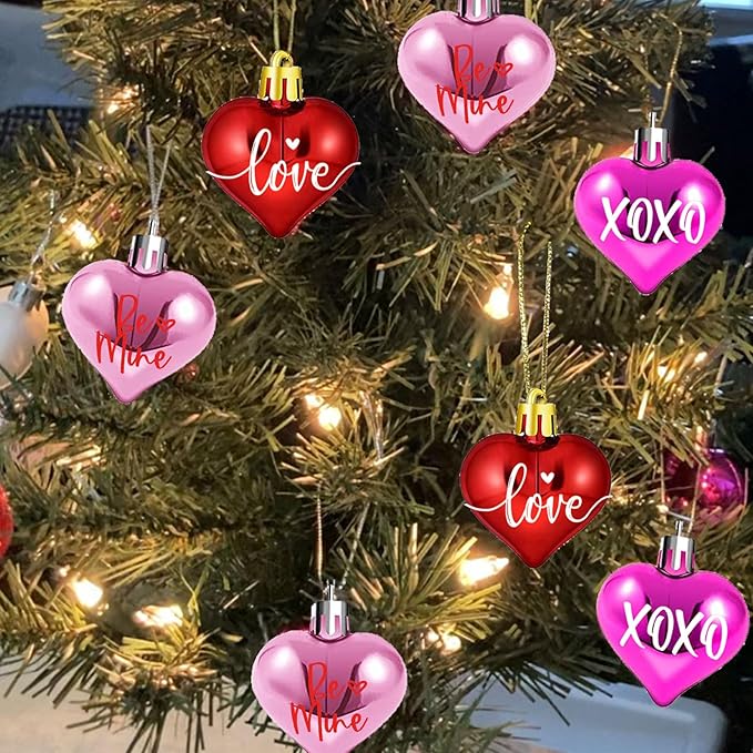Valentines Tree Decorations, 24 Pcs Heart Ornaments for Christmas Tree, Mini Day Small Conversation Ornaments, Red Pink Purple Plastic