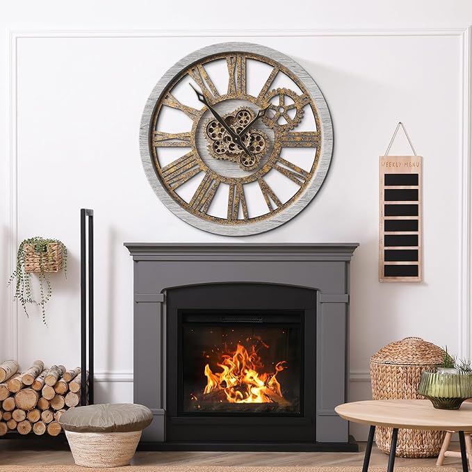 The B-Style Large Wall Clock 24 inch Moving Gear Wall Clock Oversized Vintage Farmhouse Wall Clocks for Living Room Decor Rustic Industrial Wood Clock (Silver gray, 18 inch/46cm)