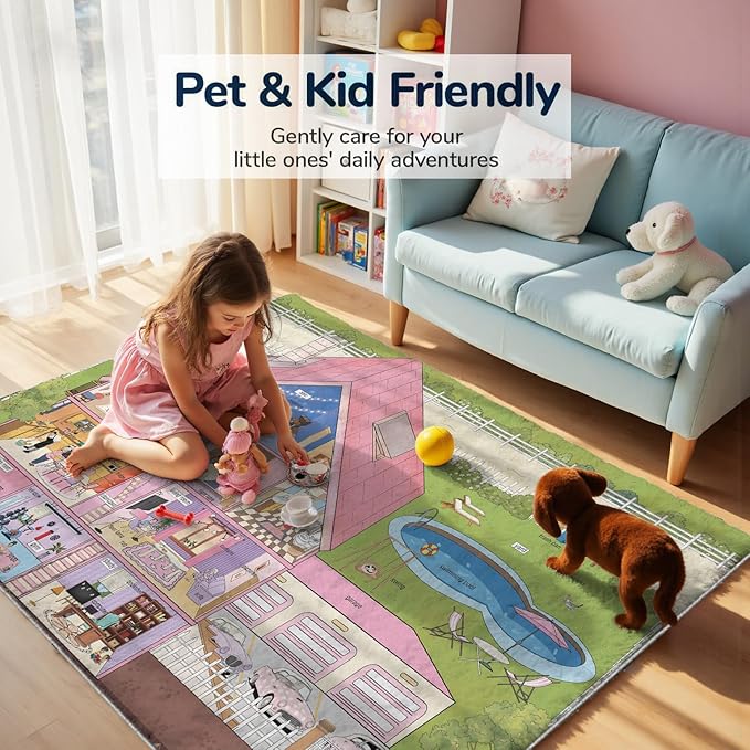 4x6ft Kids Doll House Play Rug,Non-Slip Faux Wool Carpet with Interactive English Words, Educational House Rooms Design for Playroom, Bedroom, Nursery Gift