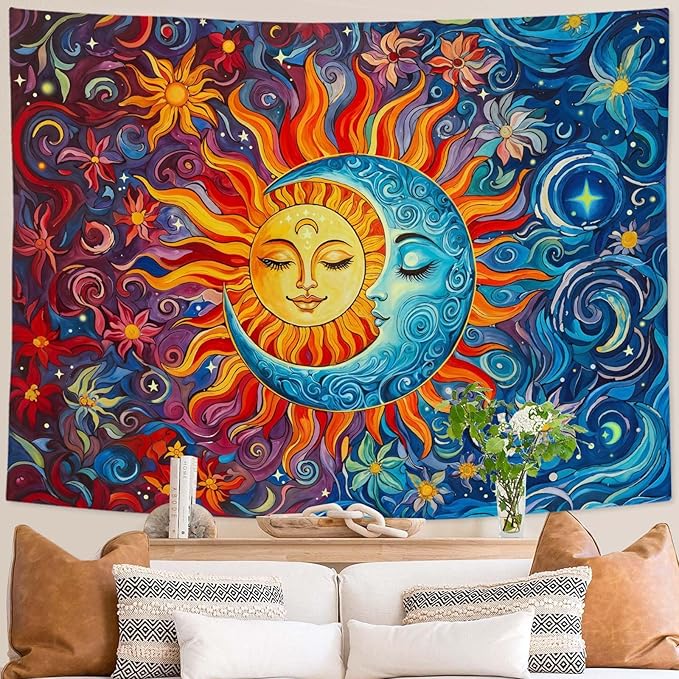 Sun and Moon Tapestry Boho Hippie Orange Red Blue Floral Tapestry for Bedroom Aesthetic Abstract Plant Flowers Stars Small Tapestries Wall Hanging for Living Room Dorm 48 x 36 Inch