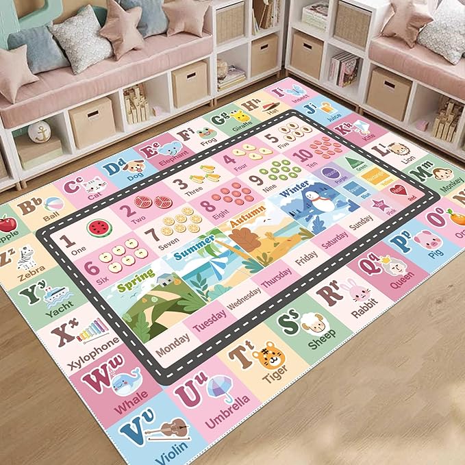 Kids ABC Rug for Playroom, Classroom Alphabet Area Carpet Playmat,Washable Toddler Mat for Baby Room,Play Room,Bedroom,Floor,Nursery (Pink,9'x12')