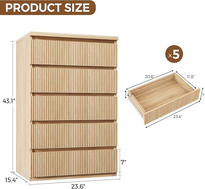 Fluted 5 Drawer Dresser, 43" Tall Dresser Chest of Drawers Curved Profile Design, Wood Mid Century Vertical Dresser Natural Texture for Bedroom, Oak Dresser
