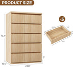 Fluted 5 Drawer Dresser, 43" Tall Dresser Chest of Drawers Curved Profile Design, Wood Mid Century Vertical Dresser Natural Texture for Bedroom, Oak Dresser