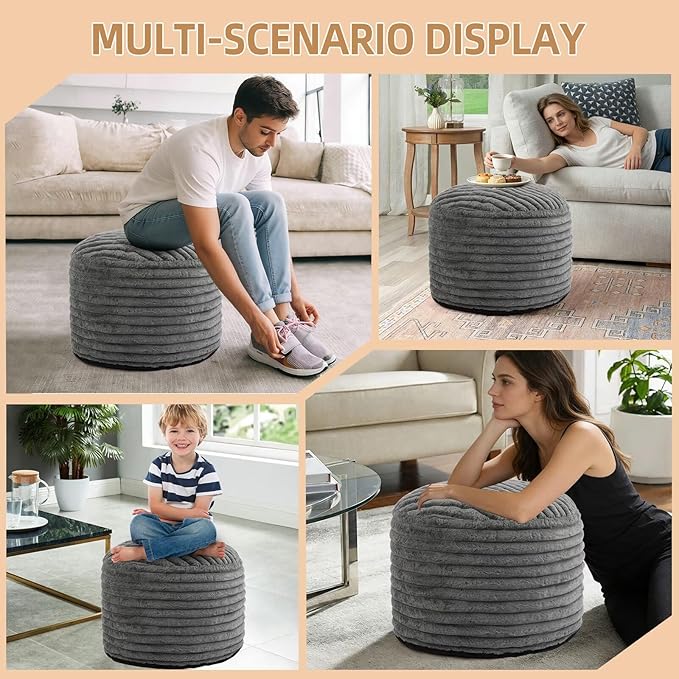 Round Stuffed Pouf Ottoman Foot Rest for Couch Round Ottoman with Foam Chunk Filling Stripe Faux Fur Ottomans for Living Room Floor (26"x18",Dark Grey)