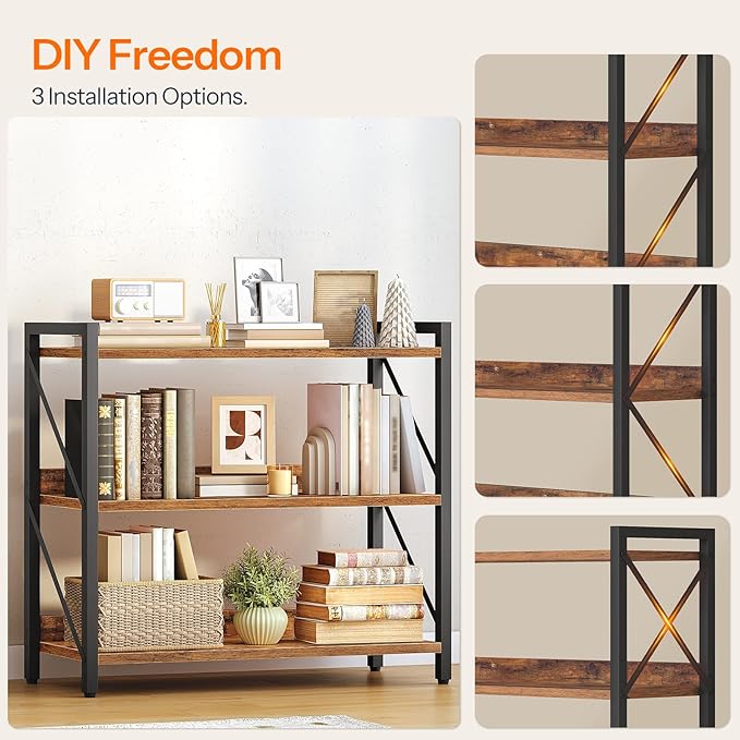 HOOBRO Bookshelf, 3-Tier Industrial Bookcase, Book Shelf Storage Organizer, Bookshelf with Metal Frame for Living Room, Bedroom, Home Office, Kitchen, Rustic Brown and Black BF718SJ01