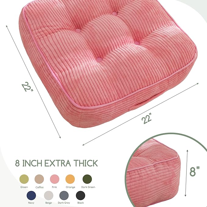 8" Washable Floor Pillow Cushion for Adults, Meditation Cushion Pillow, Large Square Floor Sitting, Removable Tufted Corduroy Cover, for Tatami Living Room or Yoga, 22x22 Inch, 2Pack, Machine Washable