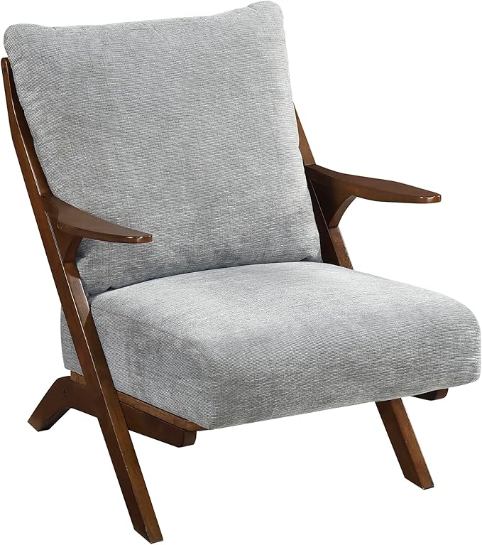 Lexicon Mid Century Modern Accent Chair, Pascal Brown Solid Rubberwood Frame, Reversible Back Cushion, Woven Chenille Upholstered Reading Chair, for Living Room/Bedroom/Office, Grey