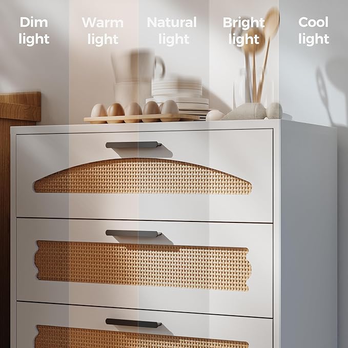 Mericonia 3 Drawer Rattan Dresser for Bedroom, Wood Dresser for Closet with Metal Handles, Small Boho Nightstand Sets, Dressers & Chests of Drawers for Bedroom, Hallway and Entryway, White