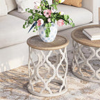 karlott Farmhouse End Table, 18.5'' French Country Round Side Table, Distressed Tray Top Side Table with Curved Motif Frame Base for Boho, End Tables Living Room, Bedroom, Small Space, Easy Assembly