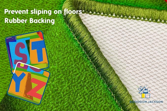Booooom Jackson Classroom Rug Elementary 6’7'’ x 9', ABC Classroom Carpet Green Preshool Rugs for School, Classroom Area Rug Educational Carpet with Alphabet Non-Slip Backing,
