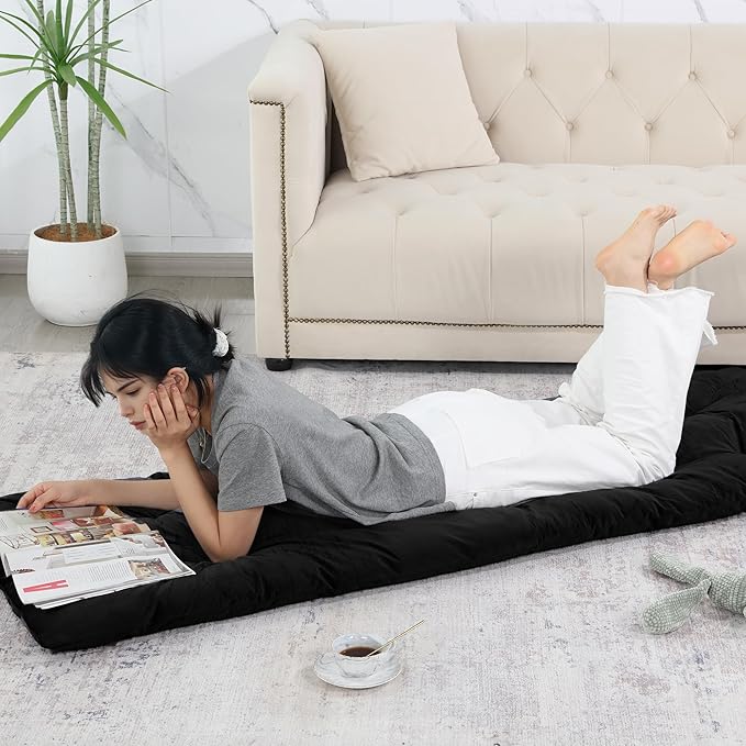 HOMBYS Floor Lounger Pillow Foldable and Tufted Design Long Floor Cushion for Yoga, Reading, Sleeping, Meditation, Elastic Band for Roll Up and Easy Storage, Machine Washable, Black, 74"x27"