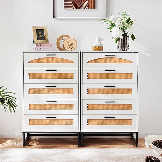 Mericonia 5 Drawer Rattan Dresser for Bedroom, Wood Tall Dresser for Closet with Metal Handles, Boho Nightstand Sets, Dressers & Chests of Drawers for Bedroom, Hallway and Entryway, White