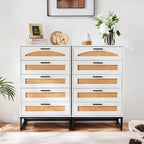 Mericonia 5 Drawer Rattan Dresser for Bedroom, Wood Tall Dresser for Closet with Metal Handles, Boho Nightstand Sets, Dressers & Chests of Drawers for Bedroom, Hallway and Entryway, White