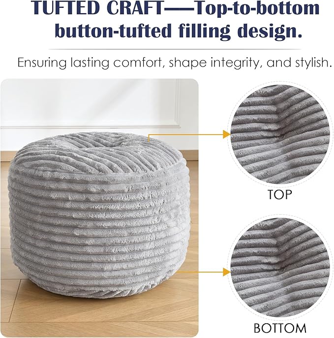 Round Pouf Ottoman,Corduroy Poufs with Memory Foam Filling for Foot Rest,Soft Footstool for Living Room,Office,20"x 17",Light Grey
