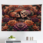 Ambesonne Hippie Tapestry, Mystic Rose Flowers and Oriental Mandala Skeleton Lovers Goth Art Skulls, Fabric Wall Hanging Decor for Bedroom Living Room Dorm, 45" X 30", Vermilion Dark Magenta