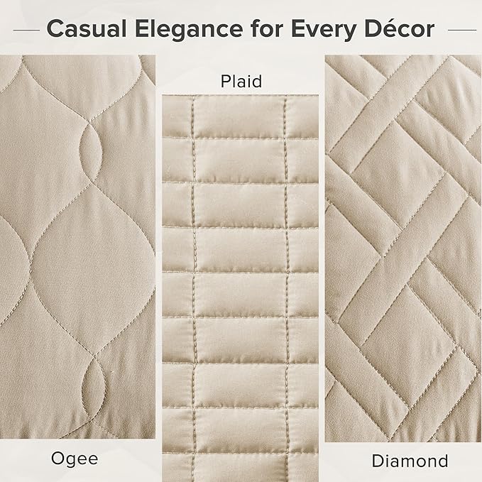 Comfort Spaces Queen Quilt Set Modern Reversible Plaid Coverlet Queen Bedding Set Cozy Quilted Winter Layer, All Season Lightweight Soft Queen Size Quilt, Kienna, Full/Queen Beige 3 Piece