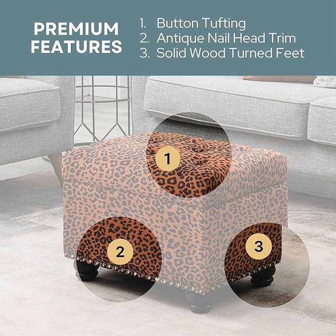 Convenience Concepts Designs4Comfort 5th Avenue Upholstered Storage Ottoman 24" - Contemporary Foot Stool and Seat with Hinged Lid for Living Room, Dining Room, Office, Forest Leopard Print Fabric