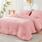 HYMOKEGE Rose Pink Full Size Comforter Sets Seersucker 7 Pieces, All Season Luxury Bed in a Bag for Bedroom, Bedding Set with Comforter, Sheets, Pillowcases & Shams