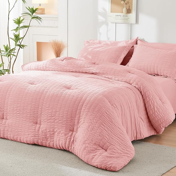 HYMOKEGE Rose Pink Full Size Comforter Sets Seersucker 7 Pieces, All Season Luxury Bed in a Bag for Bedroom, Bedding Set with Comforter, Sheets, Pillowcases & Shams