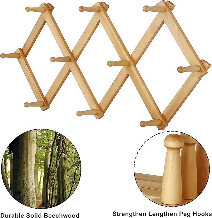 Dseap Accordian Wall Hanger: 16” High Wooden Wall Expandable Coat Rack, Hat Rack Holder, Accordion Hook for Baseball Caps, Coats, Mugs, 10 Peg Hooks, Natural