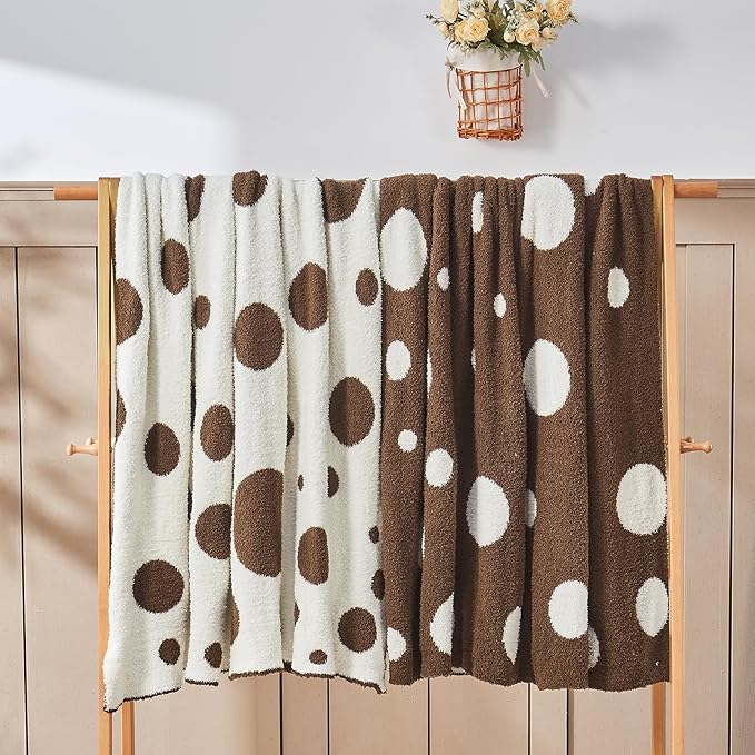 CozeCube Super Soft Fullfy Microfiber Reversible Knitted Blankets, Warm Cozy Fuzzy Plush Throw, Dark Brown and White Polka Dot Throw Blanket for Couch Bed Sofa, 50" x 60"