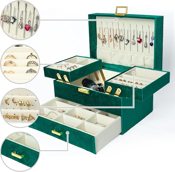 Dajasan Jewelry Organizer Box, Large Velvet Jewelry Boxes for Women Girls, Compact 3 Layers Jewelry Storage Case with Drawer, Movable Metal Stand, Modern, Gift Idea (Green)